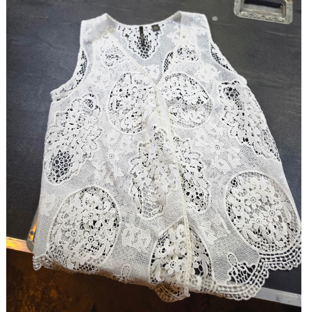 Skye's The Limit Womens White Floral Lace Open Front Vest Size Small Boho